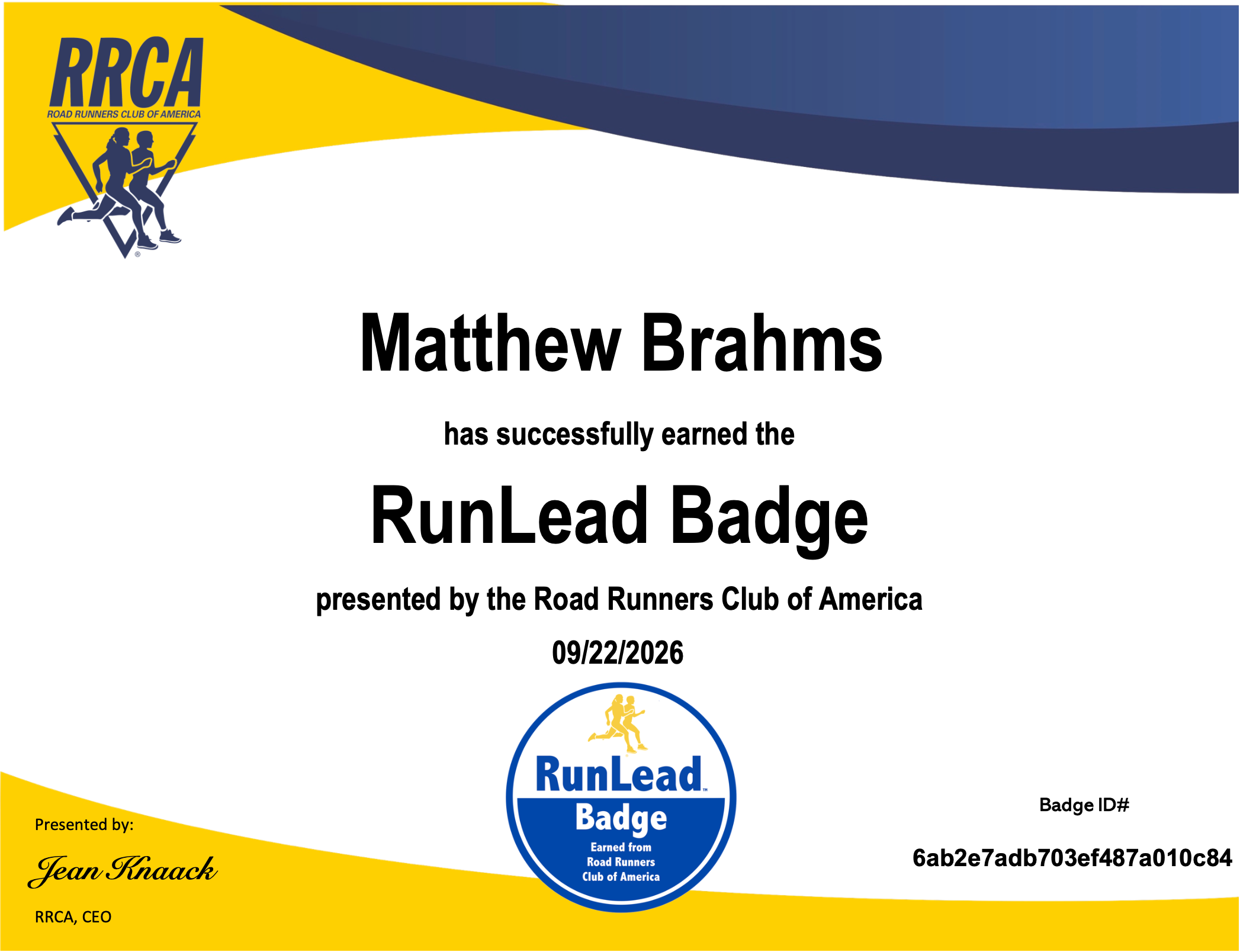 Matthew Brahms's RRCA RunLead certificate from Road Runners Club of America